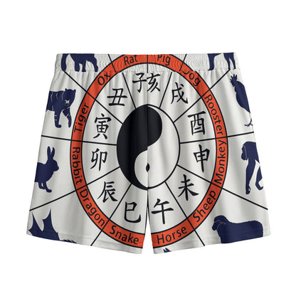 Yin Yang Chinese Zodiac Wheel Print Mesh Shorts