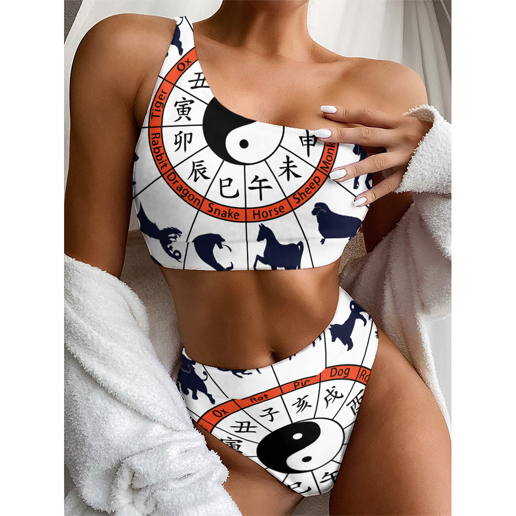Yin Yang Chinese Zodiac Wheel Print One Shoulder Bikini Top