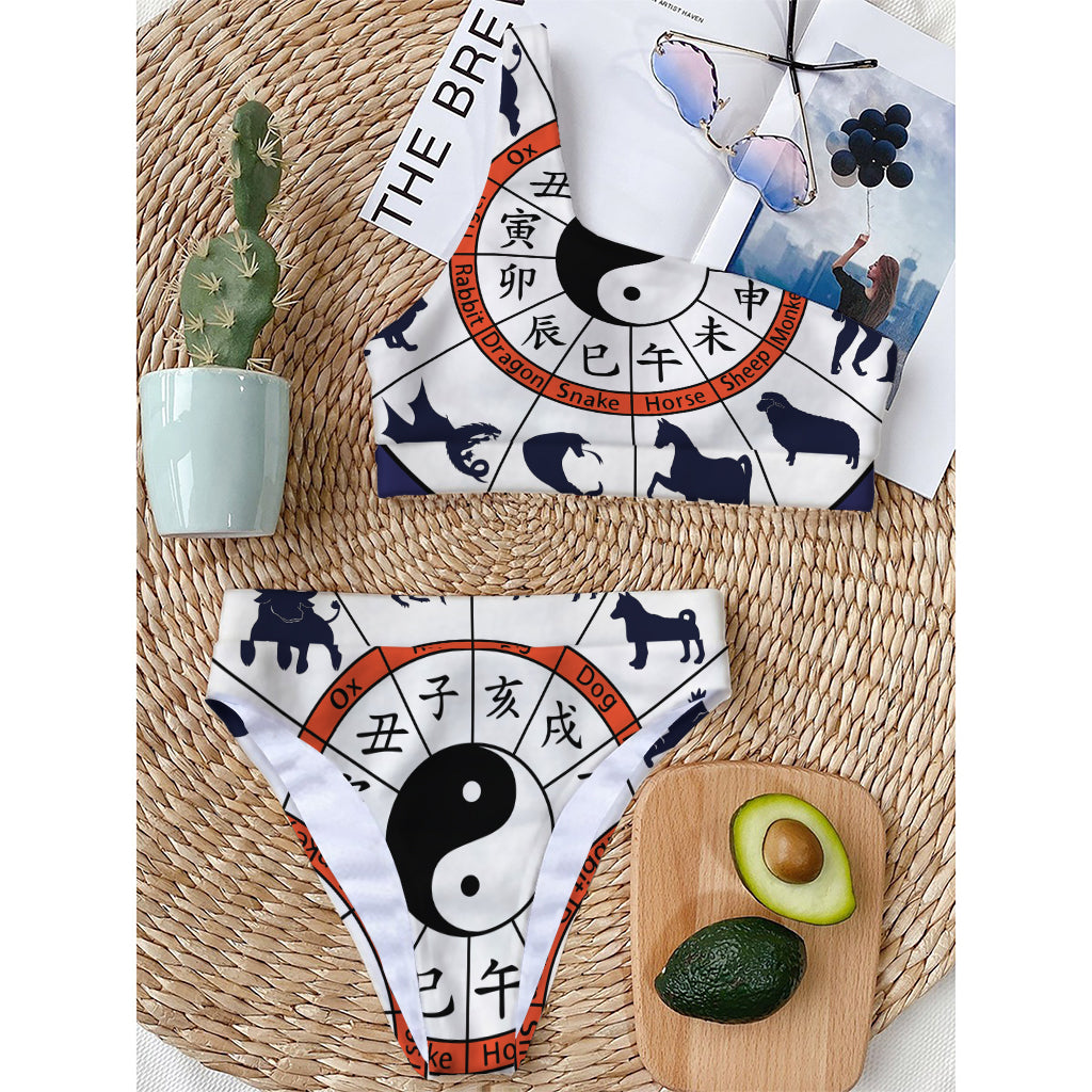 Yin Yang Chinese Zodiac Wheel Print One Shoulder Bikini Top