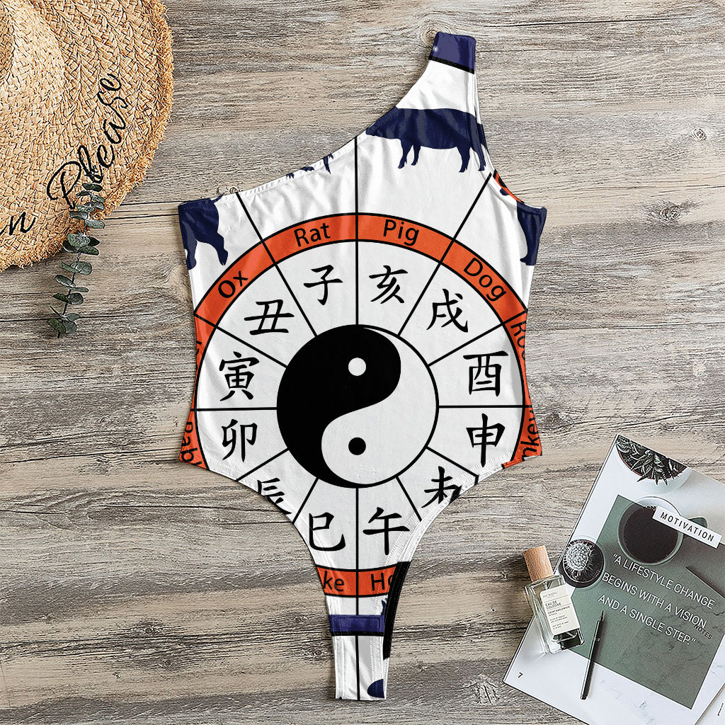 Yin Yang Chinese Zodiac Wheel Print One Shoulder Bodysuit