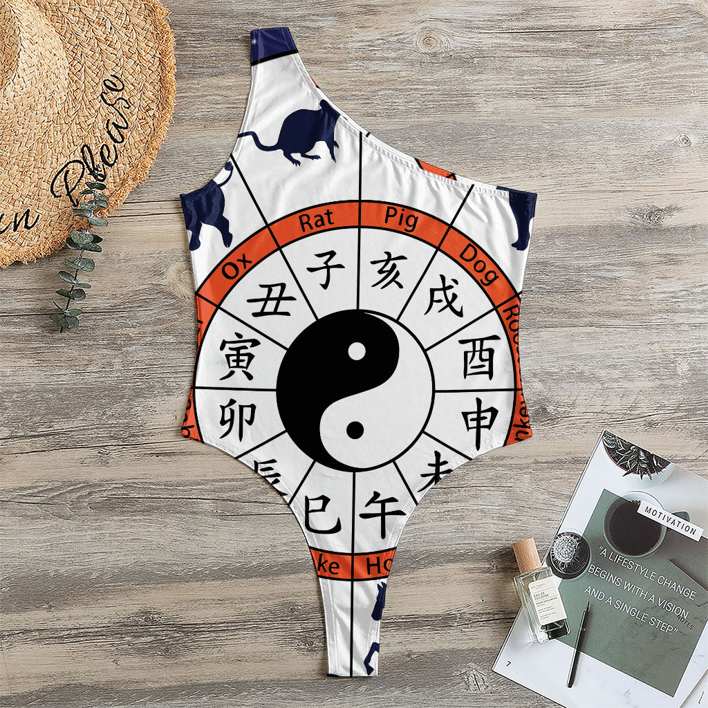 Yin Yang Chinese Zodiac Wheel Print One Shoulder Bodysuit