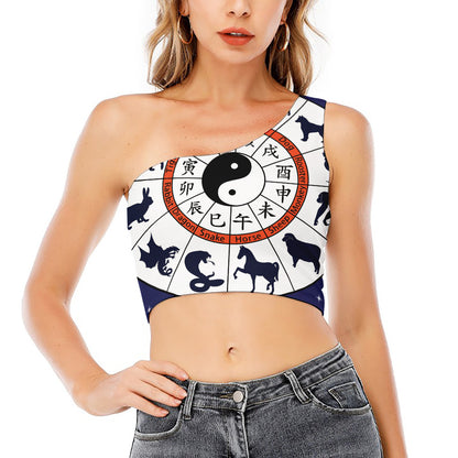 Yin Yang Chinese Zodiac Wheel Print One Shoulder Crop Top