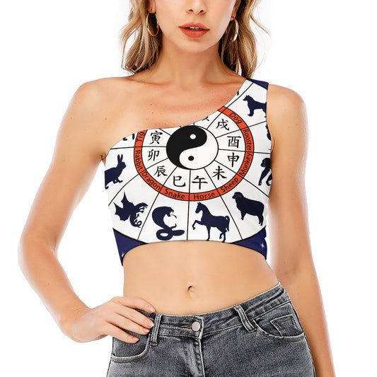 Yin Yang Chinese Zodiac Wheel Print One Shoulder Crop Top