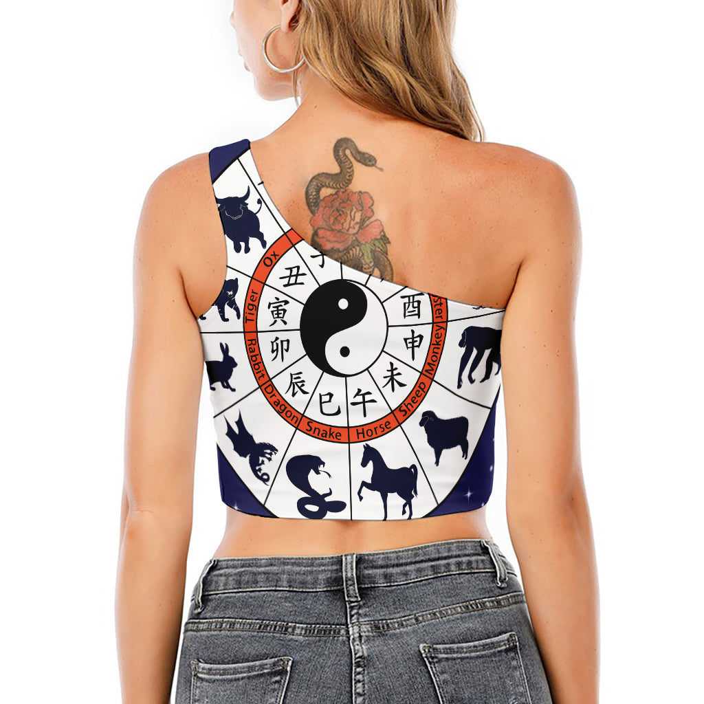 Yin Yang Chinese Zodiac Wheel Print One Shoulder Crop Top
