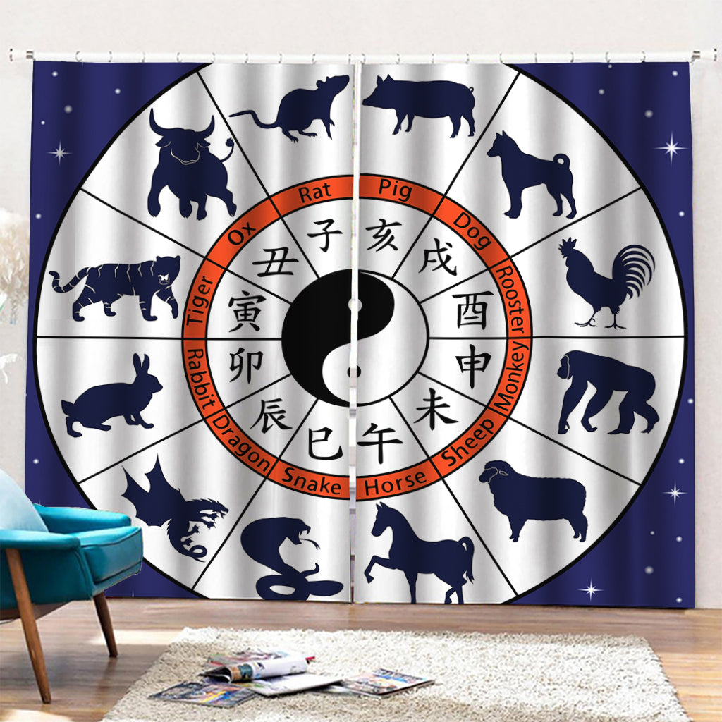 Yin Yang Chinese Zodiac Wheel Print Pencil Pleat Curtains