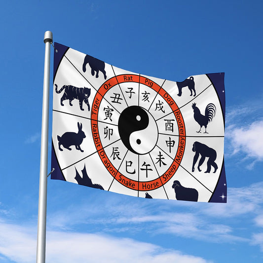 Yin Yang Chinese Zodiac Wheel Print Polyester Flag