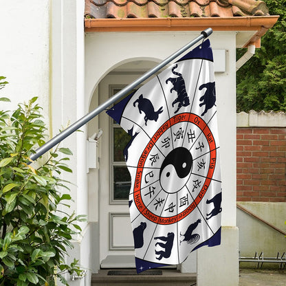 Yin Yang Chinese Zodiac Wheel Print Polyester Flag