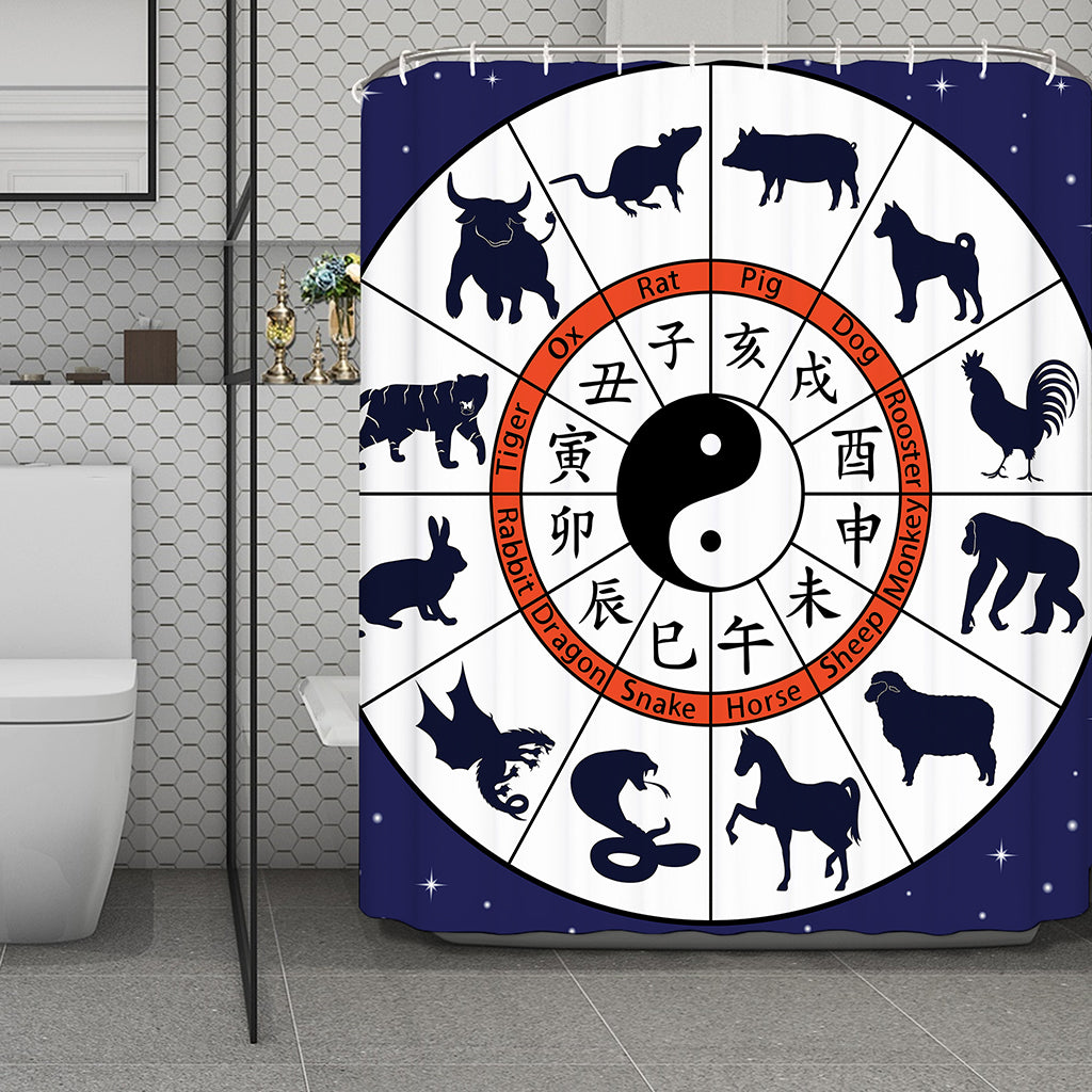 Yin Yang Chinese Zodiac Wheel Print Polyester Shower Curtain