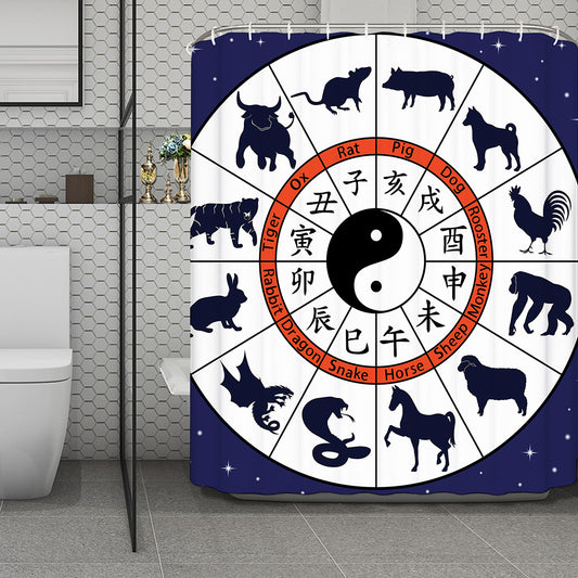 Yin Yang Chinese Zodiac Wheel Print Polyester Shower Curtain