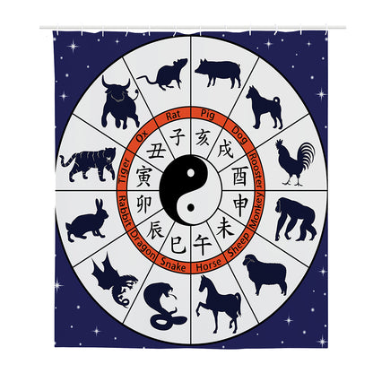 Yin Yang Chinese Zodiac Wheel Print Polyester Shower Curtain