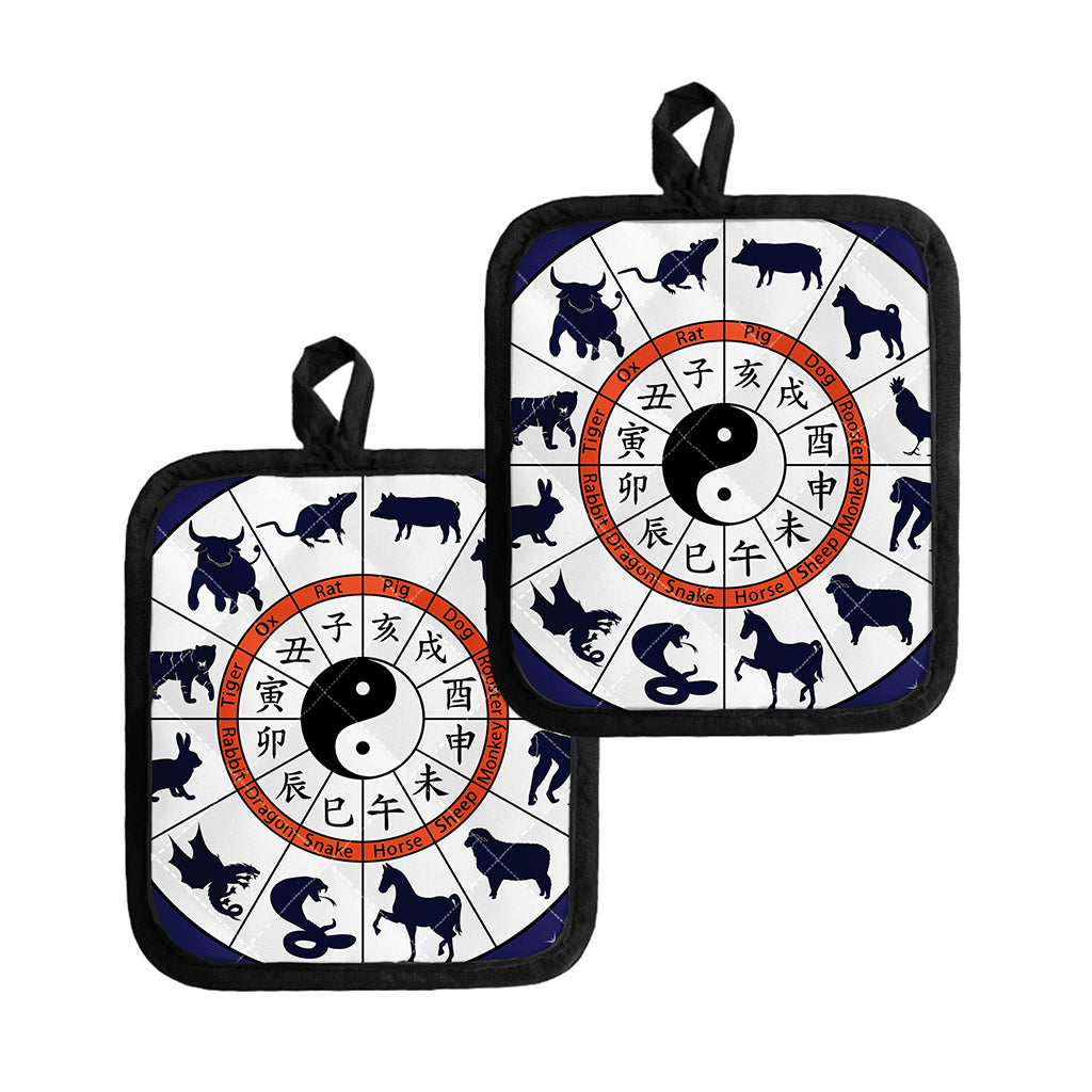 Yin Yang Chinese Zodiac Wheel Print Pot Holders