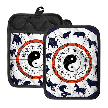 Yin Yang Chinese Zodiac Wheel Print Pot Holders With Pocket