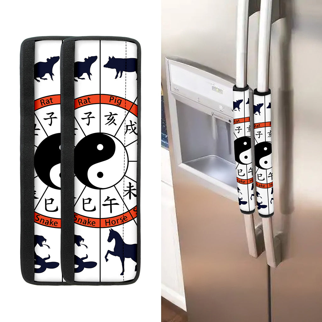 Yin Yang Chinese Zodiac Wheel Print Refrigerator Handle Covers