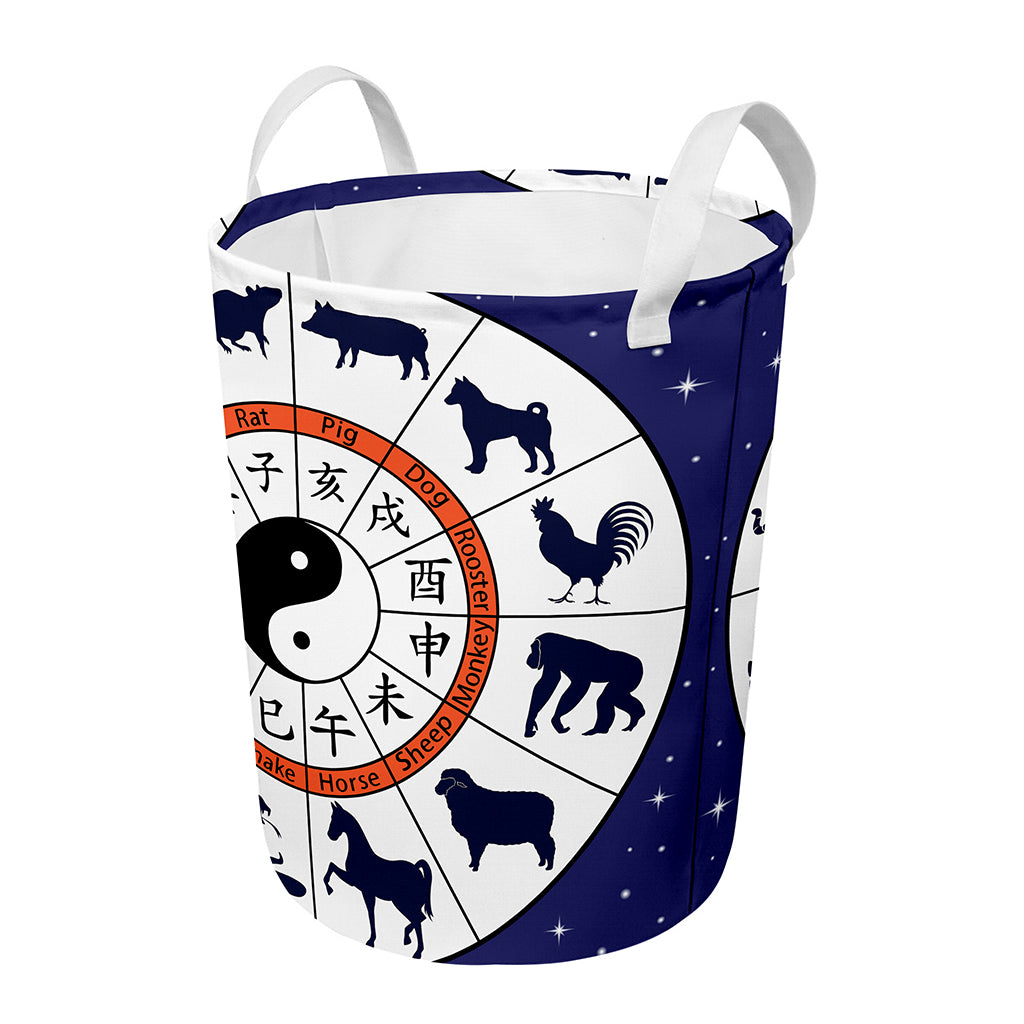 Yin Yang Chinese Zodiac Wheel Print Round Laundry Basket