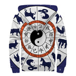 Yin Yang Chinese Zodiac Wheel Print Sherpa Lined Zip Up Hoodie