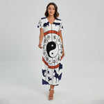 Yin Yang Chinese Zodiac Wheel Print Short Sleeve Maxi Dress