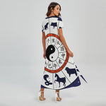 Yin Yang Chinese Zodiac Wheel Print Short Sleeve Maxi Dress