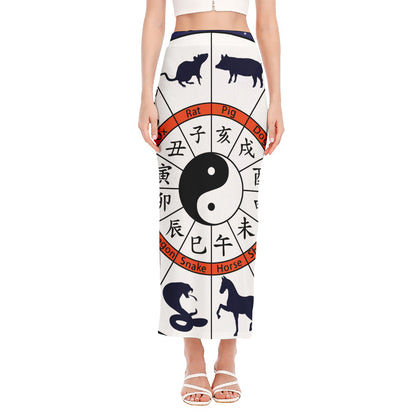 Yin Yang Chinese Zodiac Wheel Print Side Slit Maxi Skirt