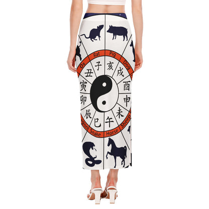 Yin Yang Chinese Zodiac Wheel Print Side Slit Maxi Skirt