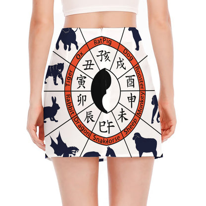 Yin Yang Chinese Zodiac Wheel Print Side Slit Mini Skirt