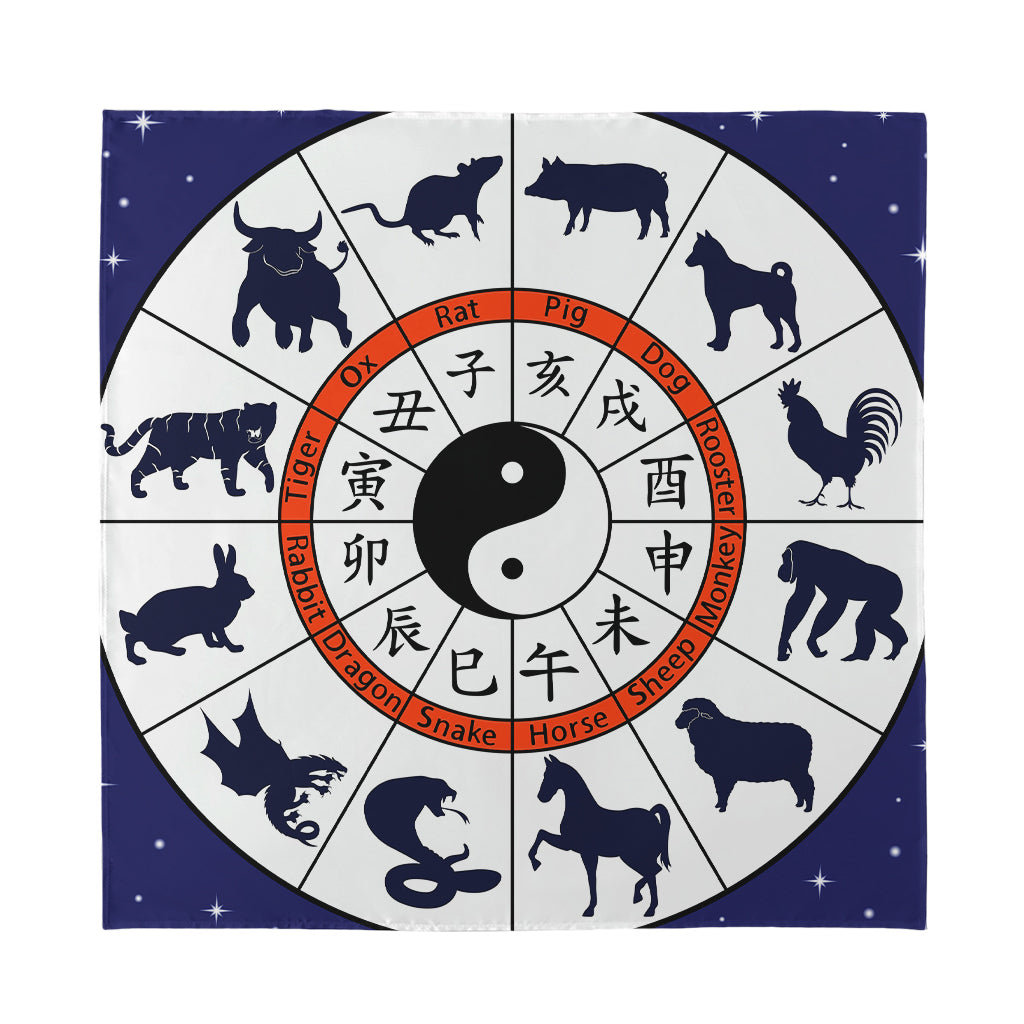 Yin Yang Chinese Zodiac Wheel Print Silk Bandana