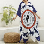 Yin Yang Chinese Zodiac Wheel Print Silk V-Neck Kaftan Dress