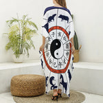 Yin Yang Chinese Zodiac Wheel Print Silk V-Neck Kaftan Dress
