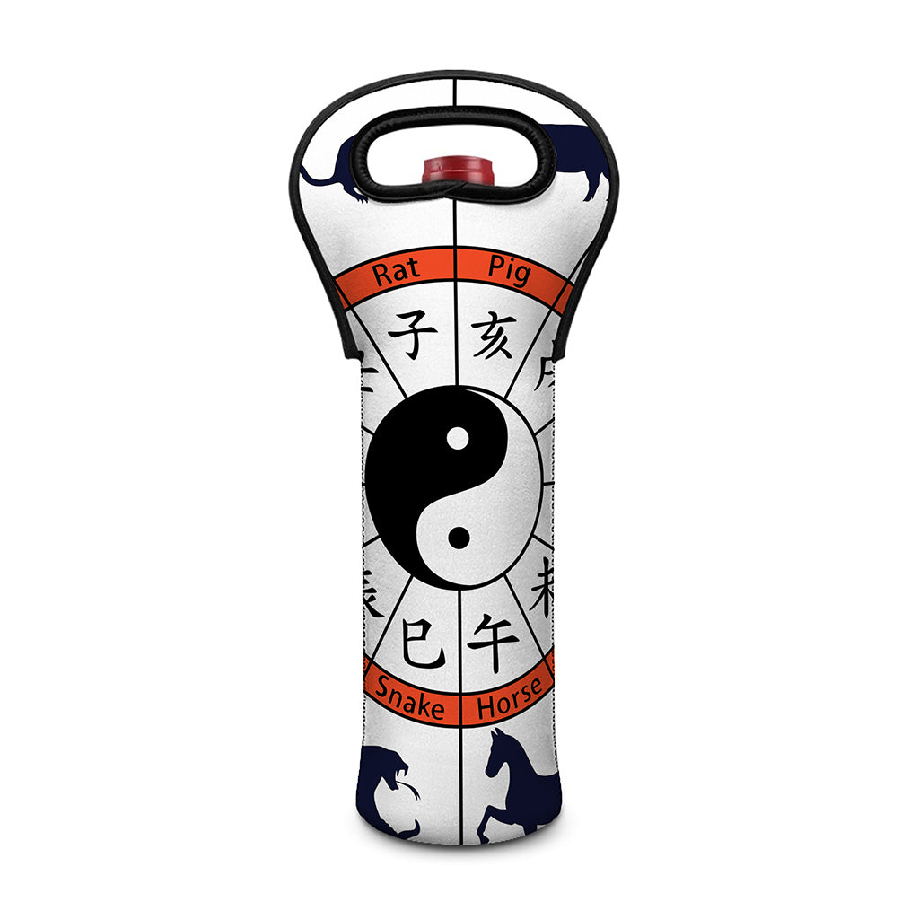 Yin Yang Chinese Zodiac Wheel Print Single Neoprene Wine Tote
