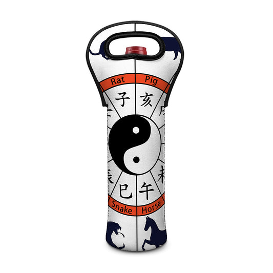 Yin Yang Chinese Zodiac Wheel Print Single Neoprene Wine Tote