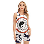 Yin Yang Chinese Zodiac Wheel Print Sleeveless One Piece Swimsuit
