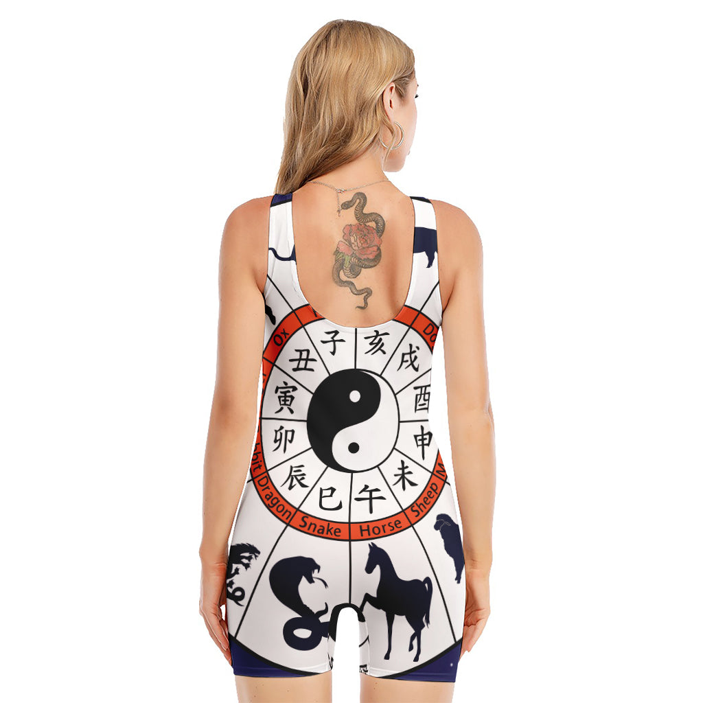 Yin Yang Chinese Zodiac Wheel Print Sleeveless One Piece Swimsuit