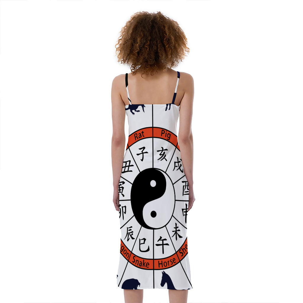 Yin Yang Chinese Zodiac Wheel Print Slim Fit Midi Cami Dress