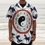 Yin Yang Chinese Zodiac Wheel Print Textured Short Sleeve Shirt
