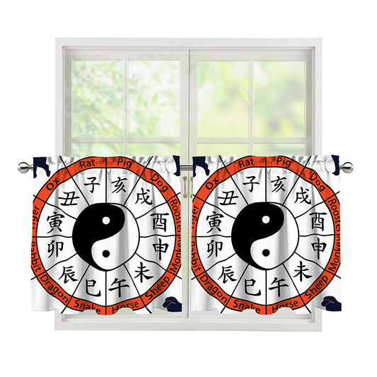 Yin Yang Chinese Zodiac Wheel Print Tier Curtains