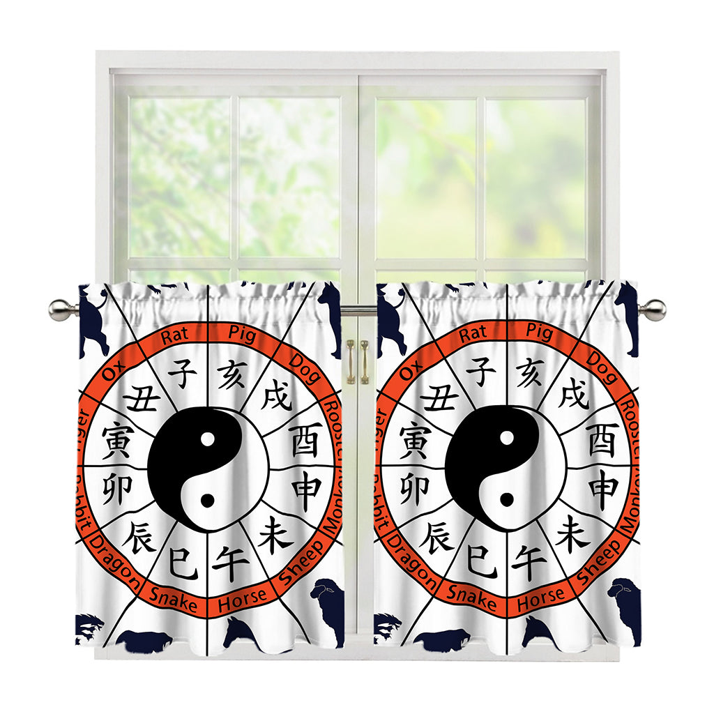 Yin Yang Chinese Zodiac Wheel Print Tier Curtains