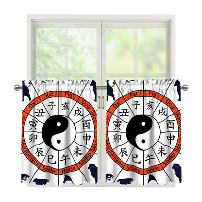 Yin Yang Chinese Zodiac Wheel Print Tier Curtains
