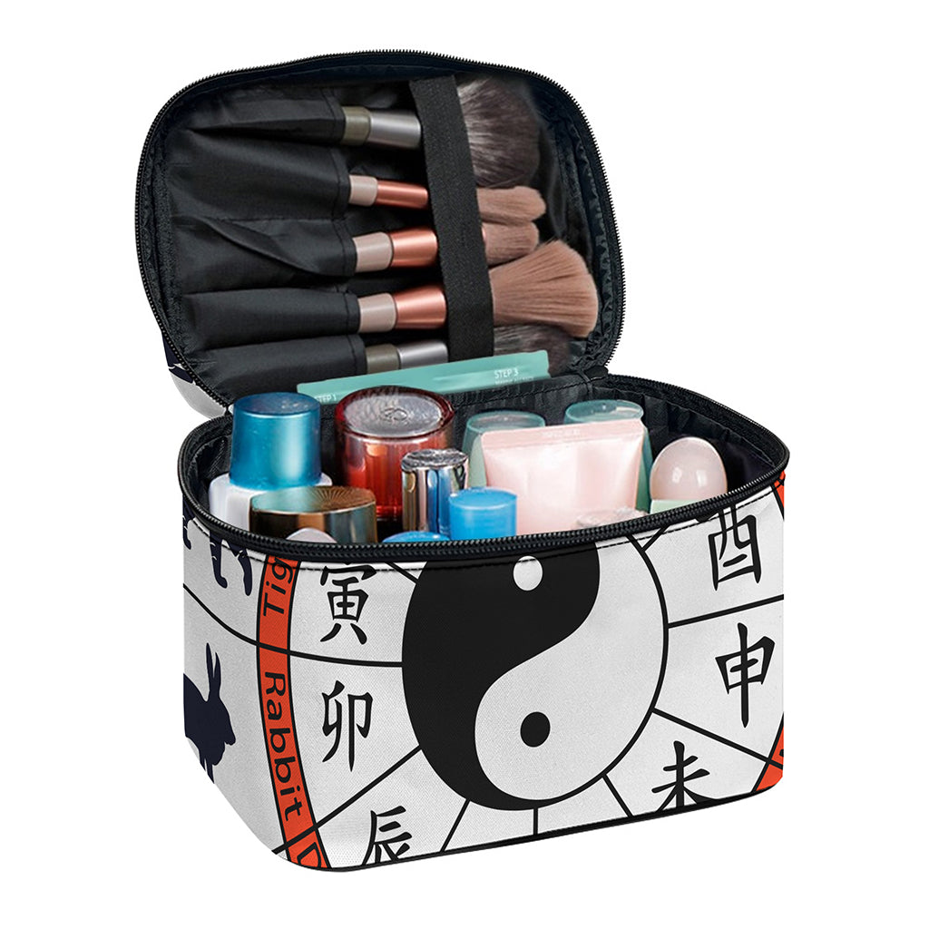 Yin Yang Chinese Zodiac Wheel Print Travel Makeup Bag