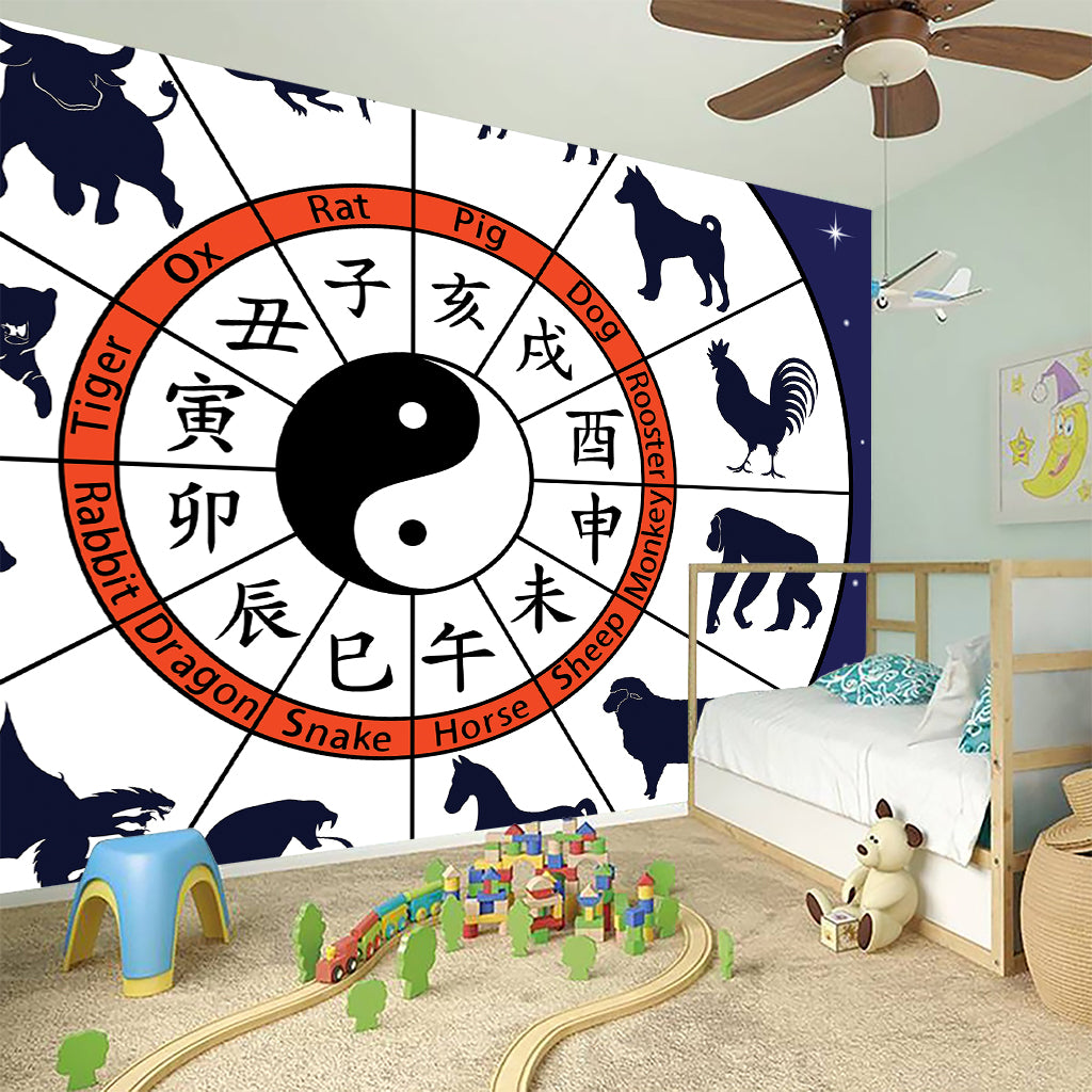 Yin Yang Chinese Zodiac Wheel Print Wall Sticker