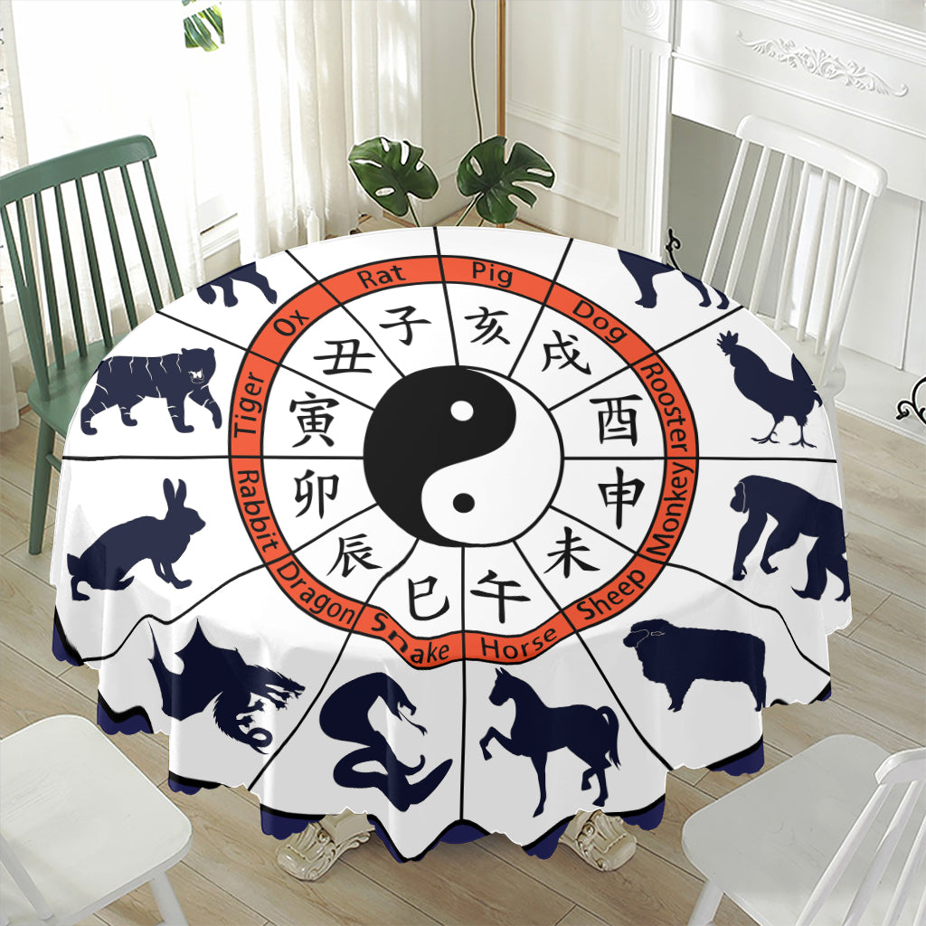 Yin Yang Chinese Zodiac Wheel Print Waterproof Round Tablecloth