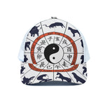 Yin Yang Chinese Zodiac Wheel Print White Mesh Trucker Cap