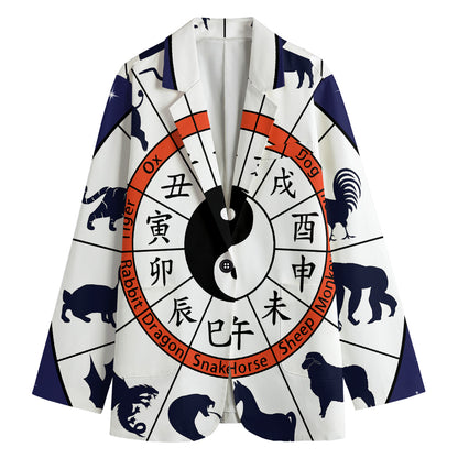 Yin Yang Chinese Zodiac Wheel Print Women's Cotton Blazer