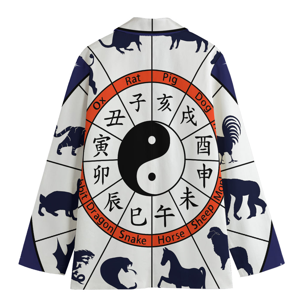 Yin Yang Chinese Zodiac Wheel Print Women's Cotton Blazer
