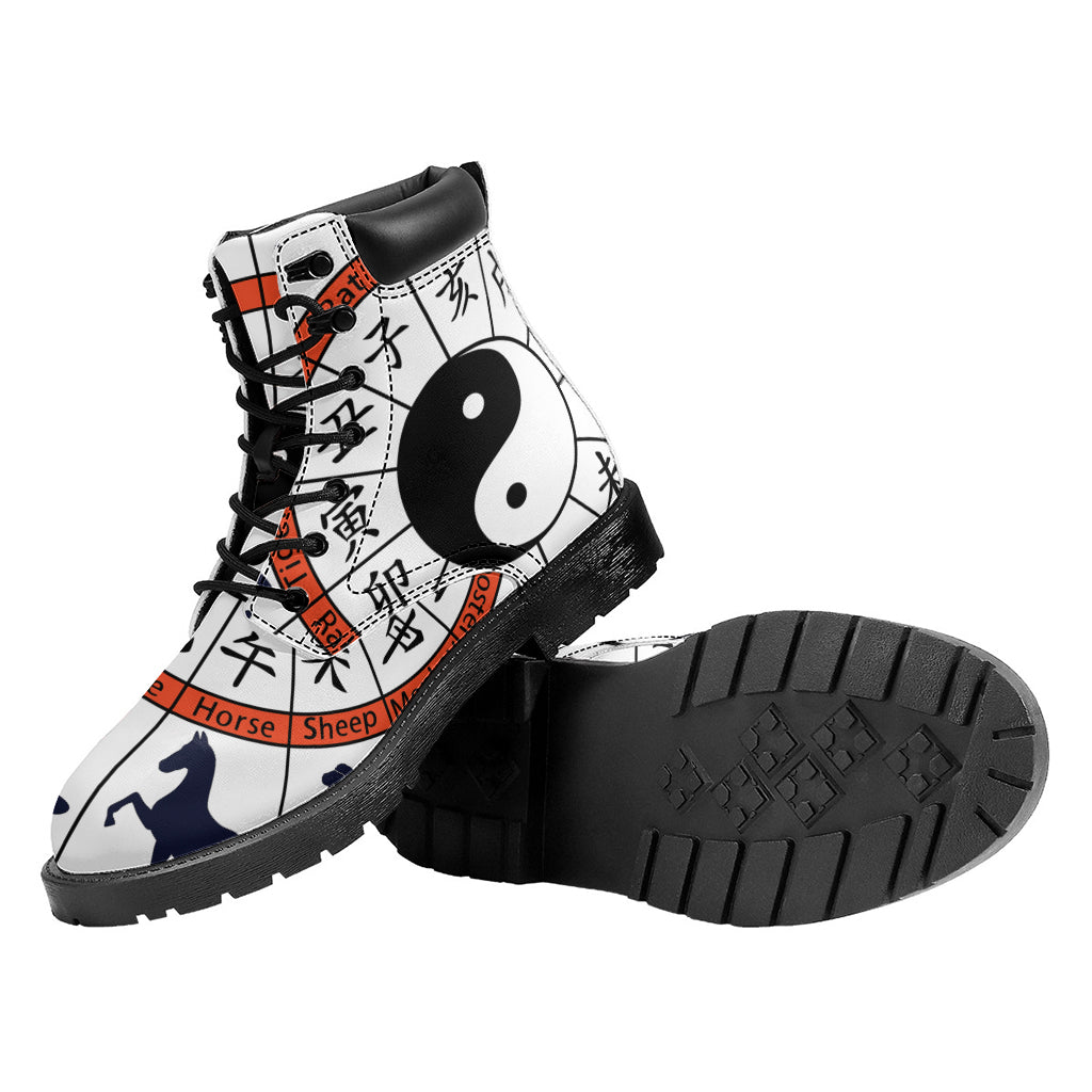 Yin Yang Chinese Zodiac Wheel Print Work Boots