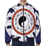 Yin Yang Chinese Zodiac Wheel Print Zip Sleeve Bomber Jacket