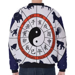 Yin Yang Chinese Zodiac Wheel Print Zip Sleeve Bomber Jacket