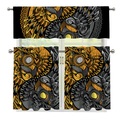 Yin Yang Owl Print 3 Piece Kitchen Curtains