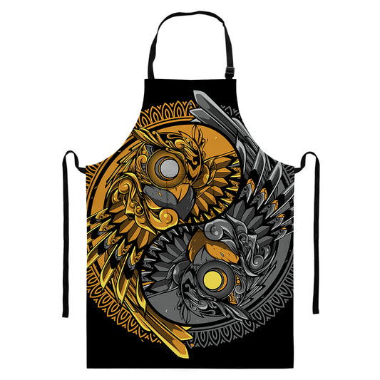 Yin Yang Owl Print Bib Apron With Pocket