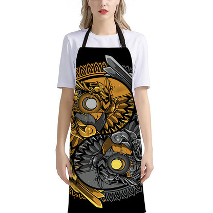Yin Yang Owl Print Bib Apron With Pocket