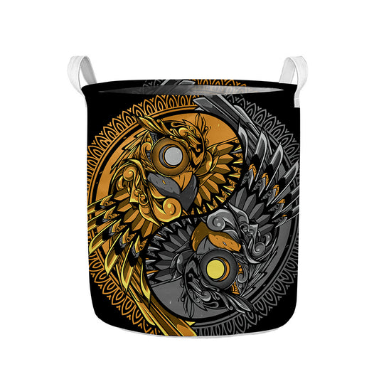 Yin Yang Owl Print Collapsible Laundry Basket