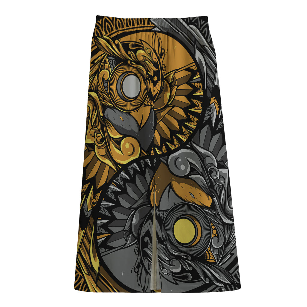 Yin Yang Owl Print Cotton Front Slit Maxi Skirt